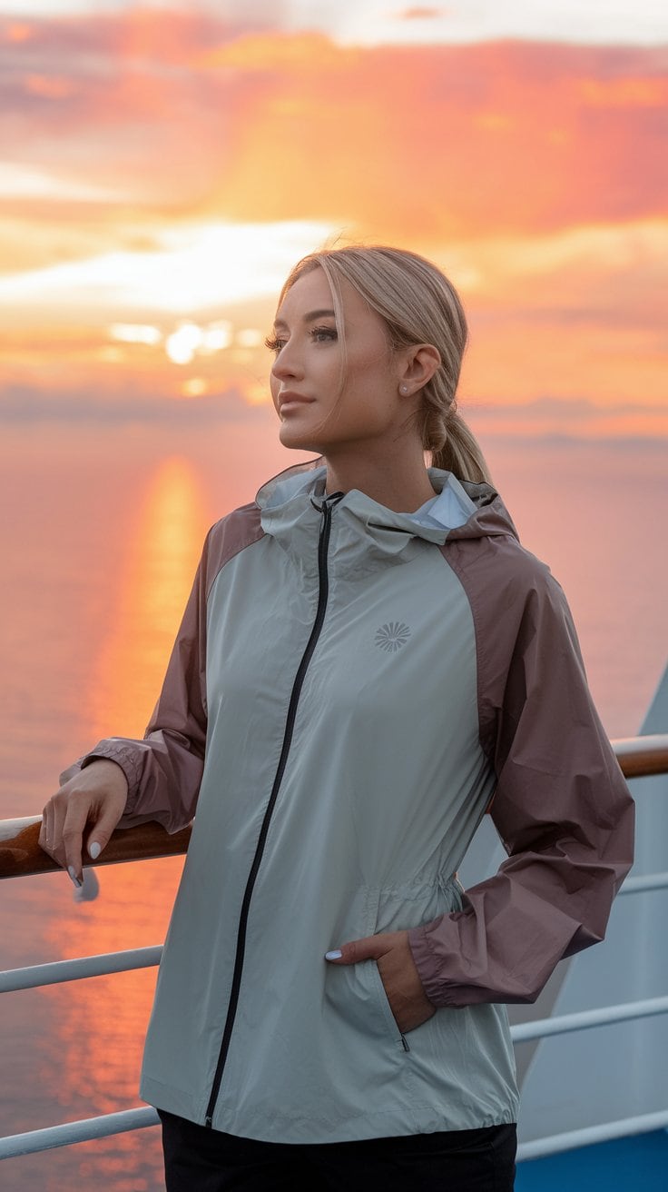 A person wearing a chic, light jacket stands on a balcony of a Norwegian cruise ship, gazing into the distance as the sun sets over the ocean. The sky is filled with warm hues of orange and pink, marking a perfect occasion. The person has their hands in the jacket pockets.