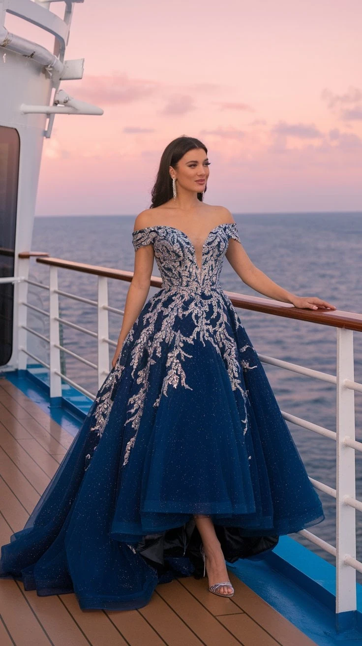 A woman stands chicly on a ship deck at sunset, wearing an off-shoulder navy blue gown with silver embellishments—a perfect Norwegian Cruise outfit. The ocean forms the backdrop as the sky glows pink and orange. She complements her look with silver heels and earrings for the occasion.