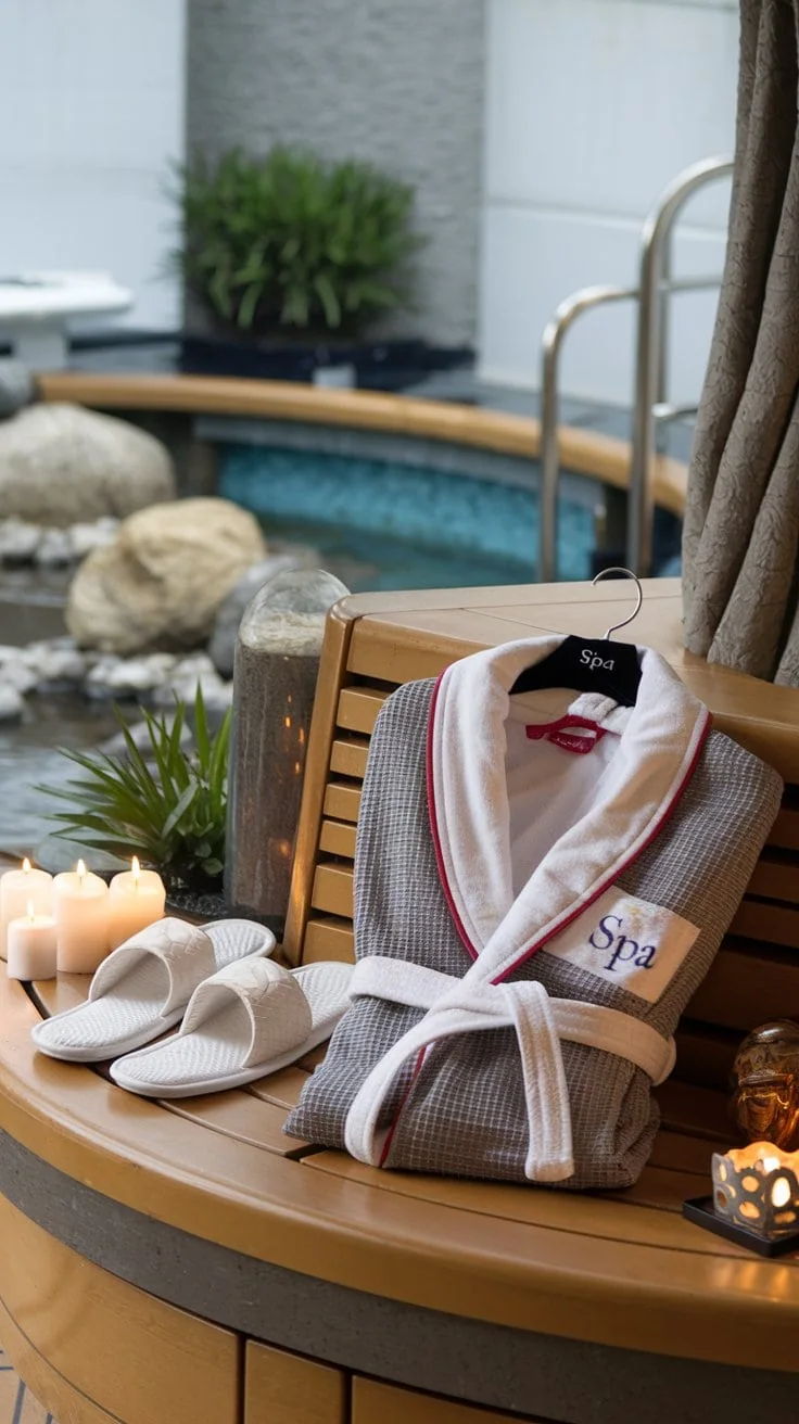 A spa setting awaits with a plush robe embroidered "Spa," perfect for your chic cruise outfits. Slippers and a row of lit candles grace the wooden bench, while a small pool with rocks and plants adds to the serene ambiance, reminiscent of a Norwegian Cruise escape.