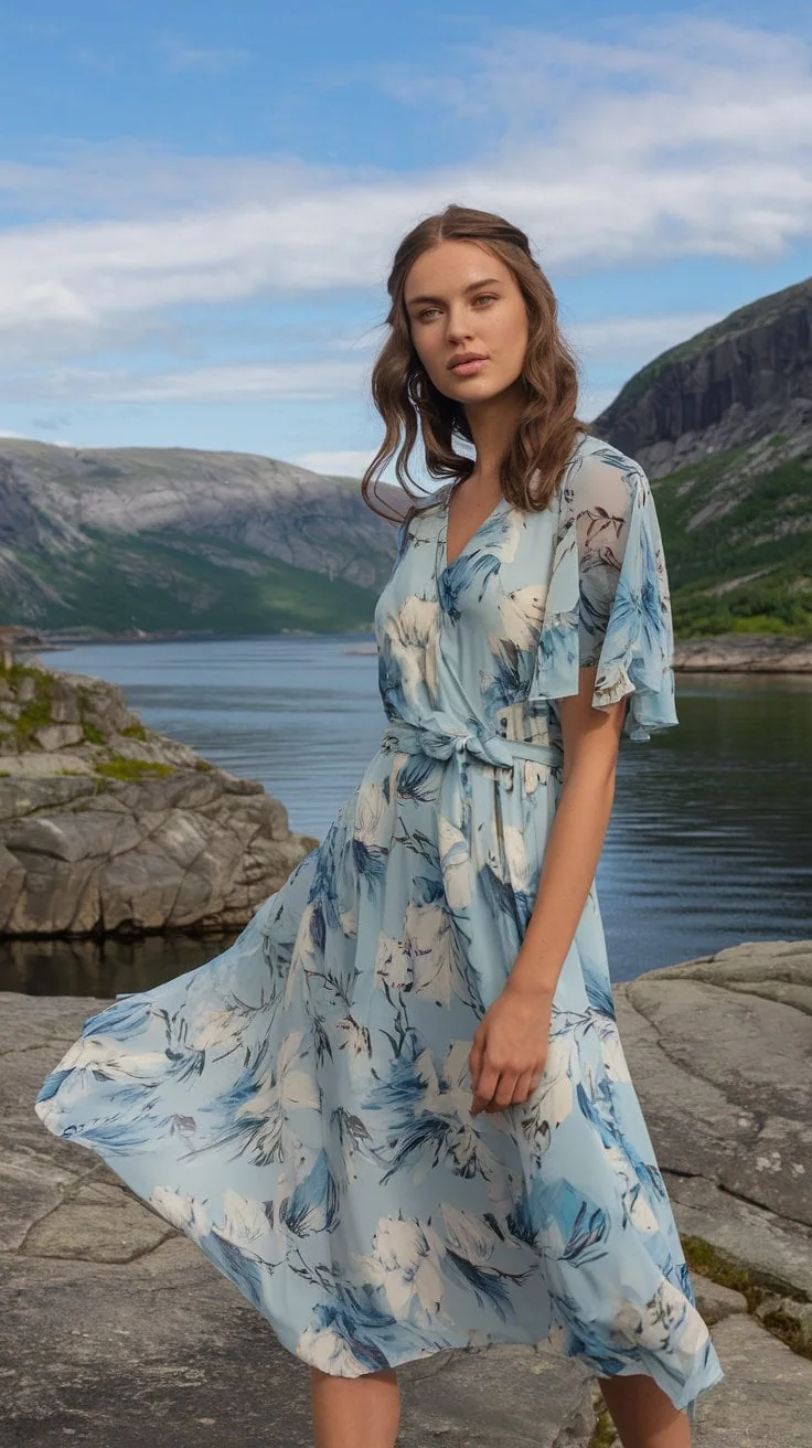A woman stands on a rocky shore in front of a lake and mountain landscape, looking perfectly suited for a chic Norwegian cruise. Her flowing blue and white patterned dress billows in the breeze, hair loose under the partly cloudy sky with patches of blue.
