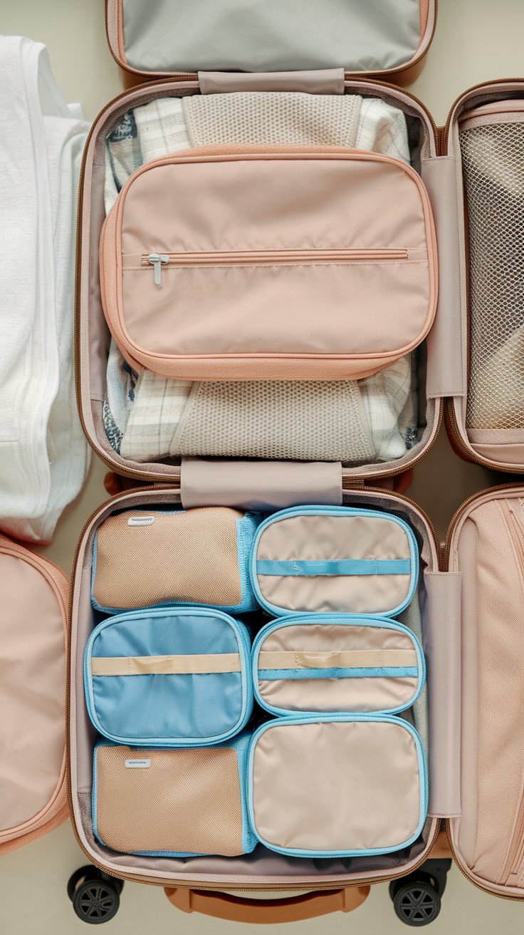 Two open suitcases filled with neatly organized items await the next adventure. The top suitcase, a testament to efficient packing tips, contains clothes and is partially unzipped, while the bottom one holds several packing cubes in beige and blue—a woman’s guide to cruising in style.