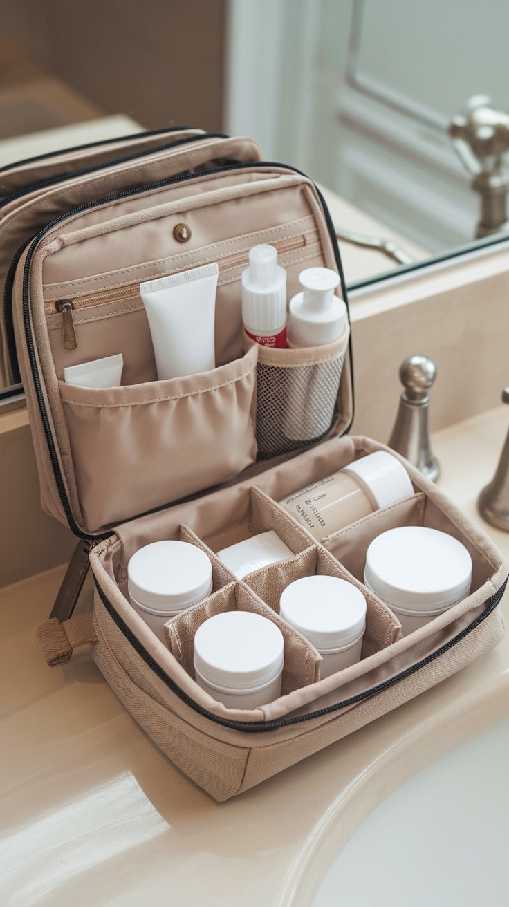 An open beige toiletry bag on a bathroom counter, reminiscent of a woman's guide to packing tips, contains several white bottles and tubes organized into compartments. Perfectly placed next to the sink and faucet, it's an essential companion for any 5-day cruise.