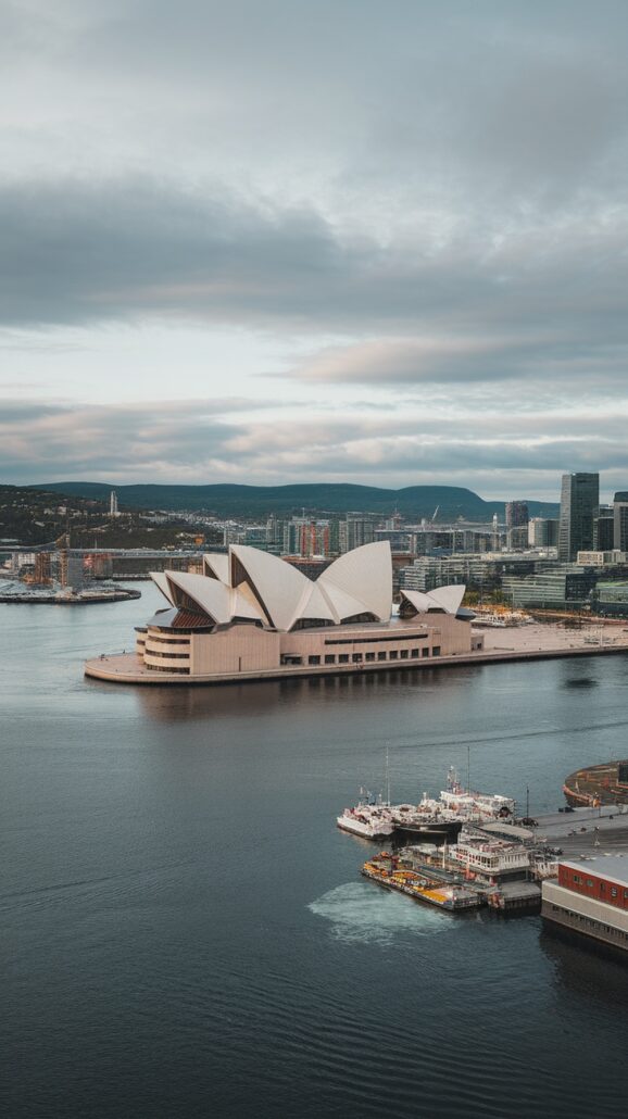 Aerial view of the Sydney Opera House with its distinctive white shell-like structures on the waterfront, reminiscent of incredible destinations. Several boats, perhaps set to explore distant shores, are docked nearby. The city skyline looms under a cloudy sky.