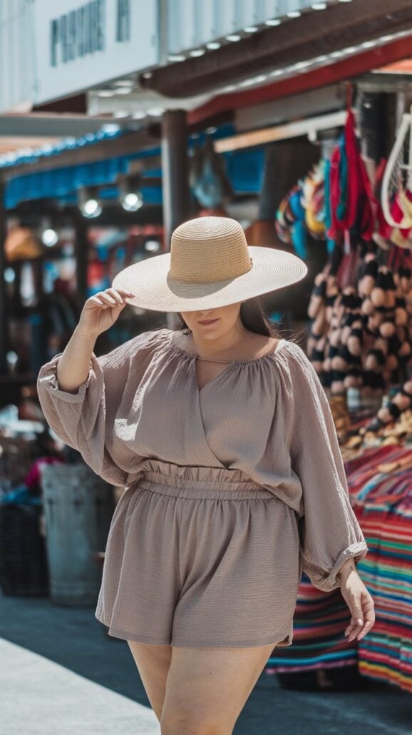 A person in a light brown romper and wide-brimmed straw hat strolls through an outdoor market during their Mexican getaway. Vibrant bags and woven items adorn the backdrop. The sunny scene casts playful shadows, making it an ideal moment to flaunt a plus size cruise outfit.