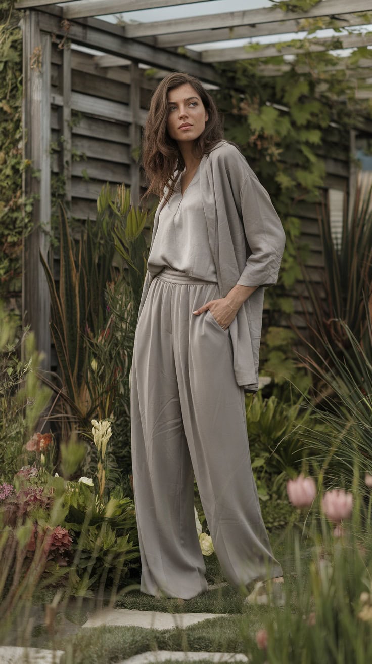 A person stands in a garden setting, exuding chic adventure vibes in a loose-fitting gray outfit. They have one hand in their pocket and the other by their side. The garden, filled with vibrant green plants and pink flowers, hints at Mediterranean cruise dreams, while a wooden structure rests peacefully in the background.