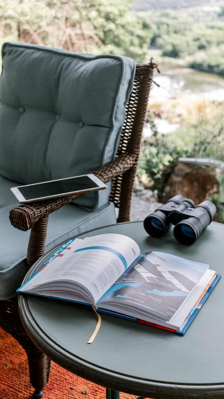 A wicker chair with green cushions sits beside a round table, which holds essential items like a tablet, binoculars, and an open book. In the background, lush greenery frames a serene river view reminiscent of a European River Cruise.