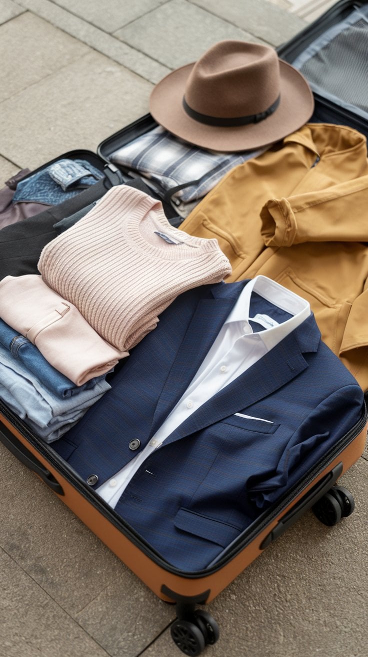 A suitcase is open on the ground, displaying essential items for an upcoming European river cruise. Inside are a blue blazer, white shirt, pink sweater, jeans, and a yellow jacket. Nearby are a brown hat and a plaid shirt. The suitcase has black wheels.