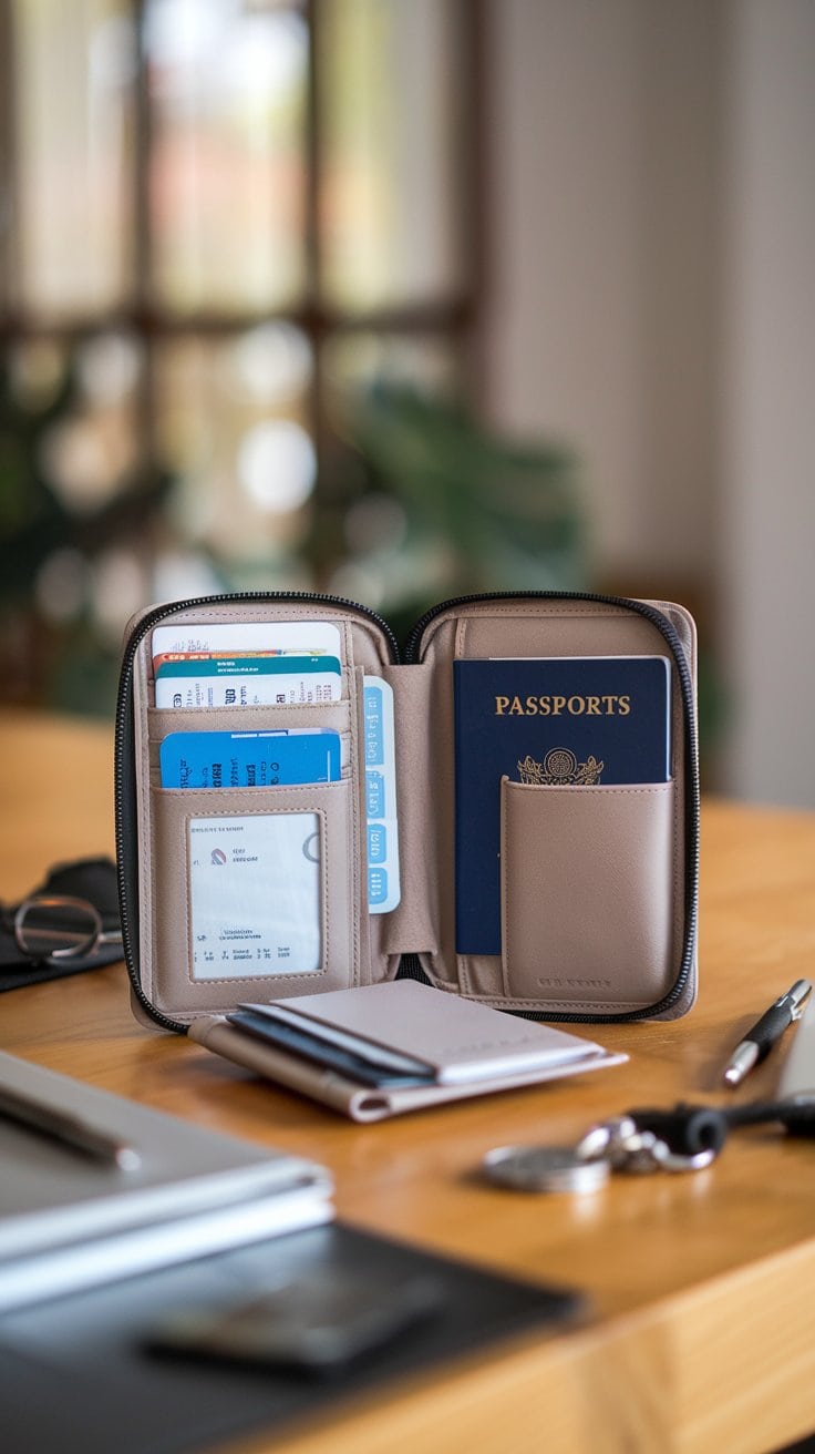 A neatly organized travel wallet is open on a wooden table, showcasing essential items like passports, airline tickets, and cards. Nearby are a notebook, a pen, and car keys—perfect for checking off your packing list before an unforgettable European river cruise. A blurred background with a large window suggests an indoor setting.