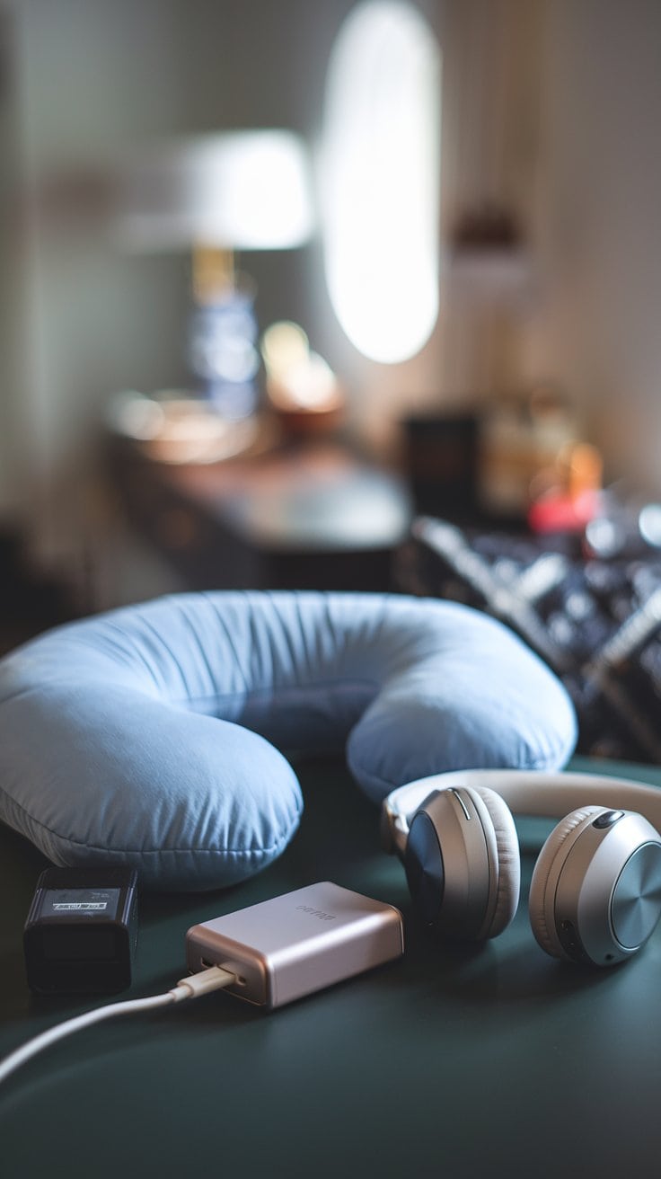 A blue neck pillow, essential for your packing list, a pair of silver headphones, a beige power bank, and a black battery sit on the table. The background hints at an elegant European river cruise with a blurred lamp and furnishings in view.