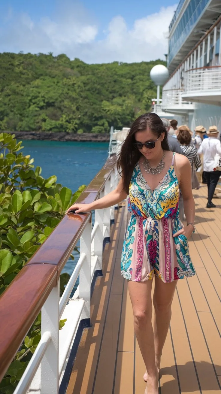 A woman in a colorful dress, embodying stylish cruise fashion, strolls along the deck of a ship. The wooden railing frames the scene, and trees and blue water lie beyond. Others on deck are dressed in casual summer outfits, complementing the vibrant atmosphere.