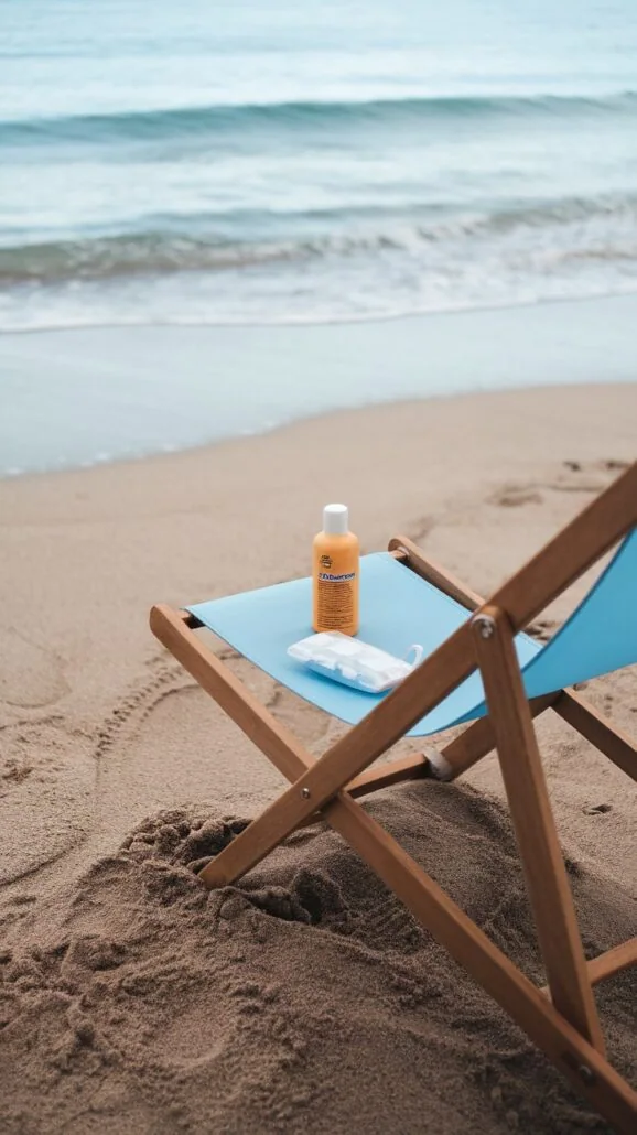 A blue deck chair sits on a sandy beach facing the calm sea, perfect for a woman's guide to sun-filled relaxation. On the chair rests sunscreen and a face mask, essentials for health and sun safety on your 5-day cruise escape.