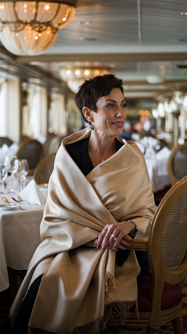 A woman with short hair sits in a dining area with elegant chandeliers and set tables, exuding Mediterranean cruise vibes. She wears a light-colored shawl over her chic outfit, consisting of dark clothing, looking to the side and smiling.