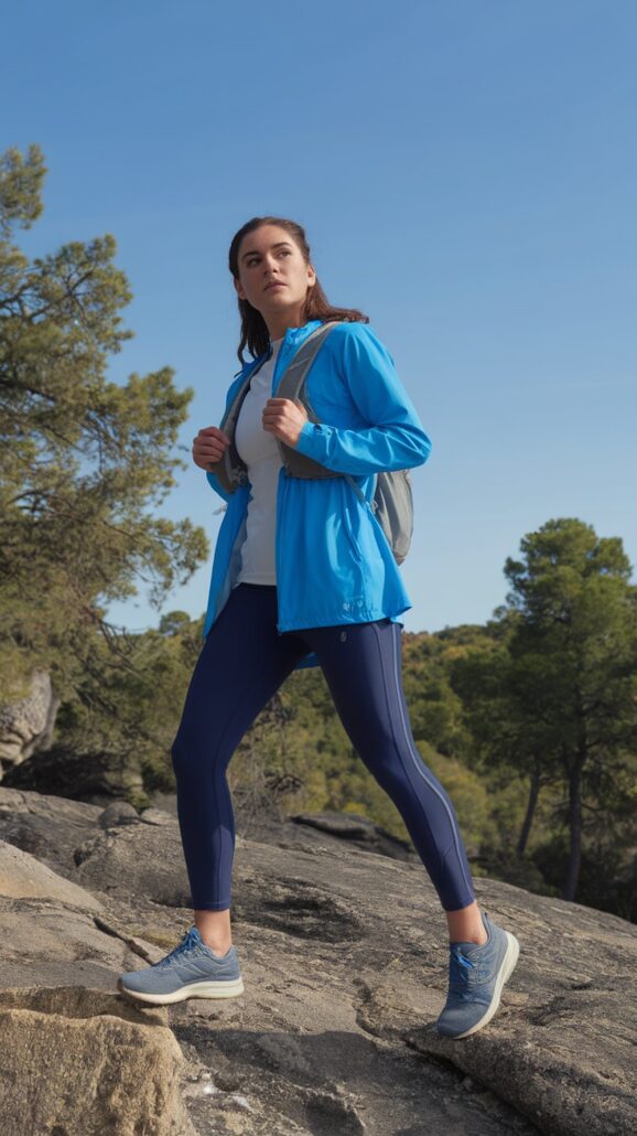 A person sporting a stylish blue jacket, matching leggings, and gray sneakers is hiking on rocky terrain. The scene unfolds outdoors with trees and a clear blue sky, encapsulating the essence of a New England adventure.