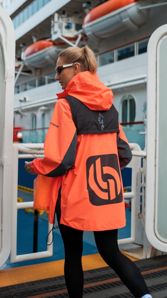 A person in sunglasses and an orange and black adventure jacket with a large logo walks on a cruise ship. The background features a white and blue exterior with circular windows and orange lifeboats, creating the perfect setting for stylish outfits.