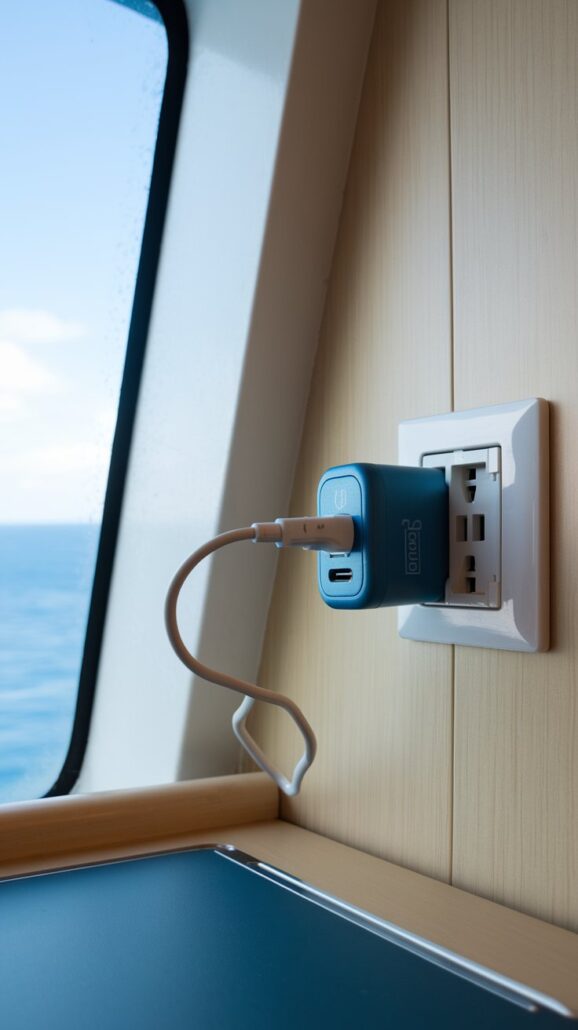 A USB wall charger is plugged into an outlet on a Greek cruise ship, an essential item for your packing list. The background reveals a window with a stunning view of the blue sea and sky. The interior features light wood paneling and a dark surface beneath the outlet, adding to the nautical charm.