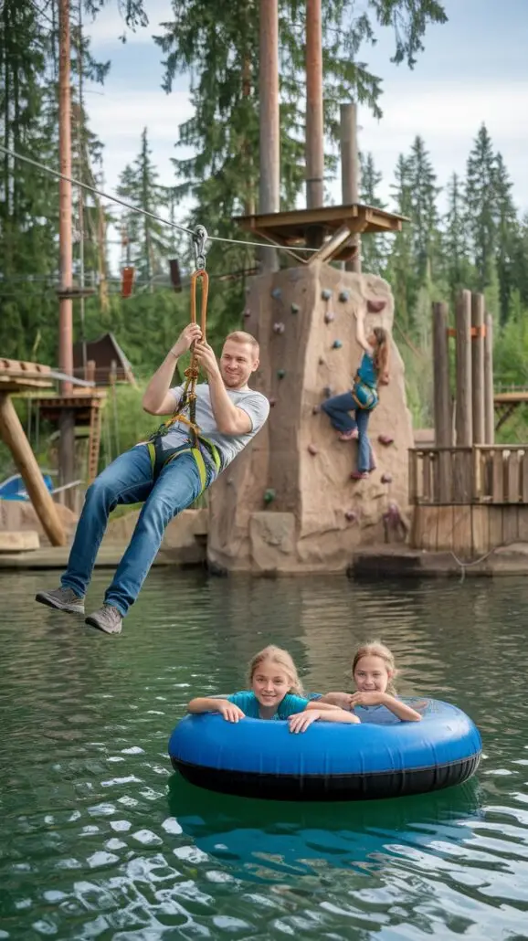 Ziplining over the shimmering waters creates unforgettable experiences as three children laugh below in a blue inner tube. In the background, a budding climber tackles a rock wall. Surrounded by trees and wooden structures, it's an ideal setting for family adventures on your Caribbean cruise.