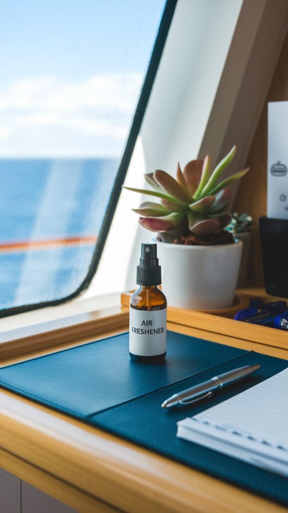 A spray bottle labeled "Air Freshener" sits on a desk beside a notebook, pen, and plant in a pot. The desk, with its breezy cruise vibe, overlooks an ocean view under a partly cloudy sky.