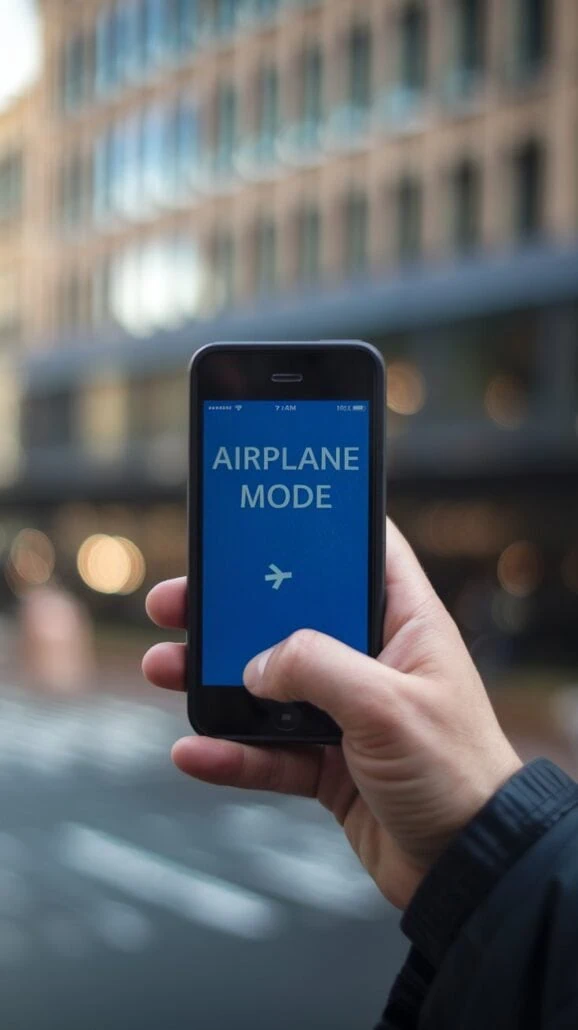 A person holds a smartphone displaying a blue screen with "Airplane Mode" and an airplane icon, ideal for planning a cruise. The blurred city street in the background gives way to dreams of distant seas. The person, wearing a dark jacket, seems ready for their nautical adventure.