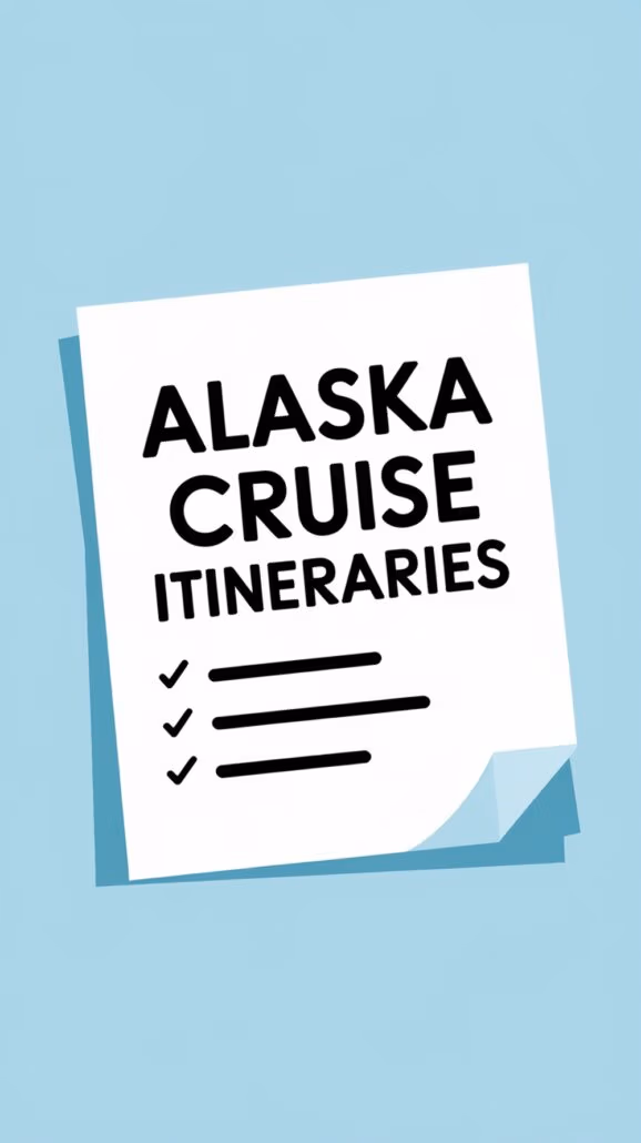 A white sheet of paper with a slightly curled corner features the bold text "Alaska Cruise Itineraries" and three check marks below, set against a light blue background, perfectly capturing the allure of a Norwegian Cruise adventure.