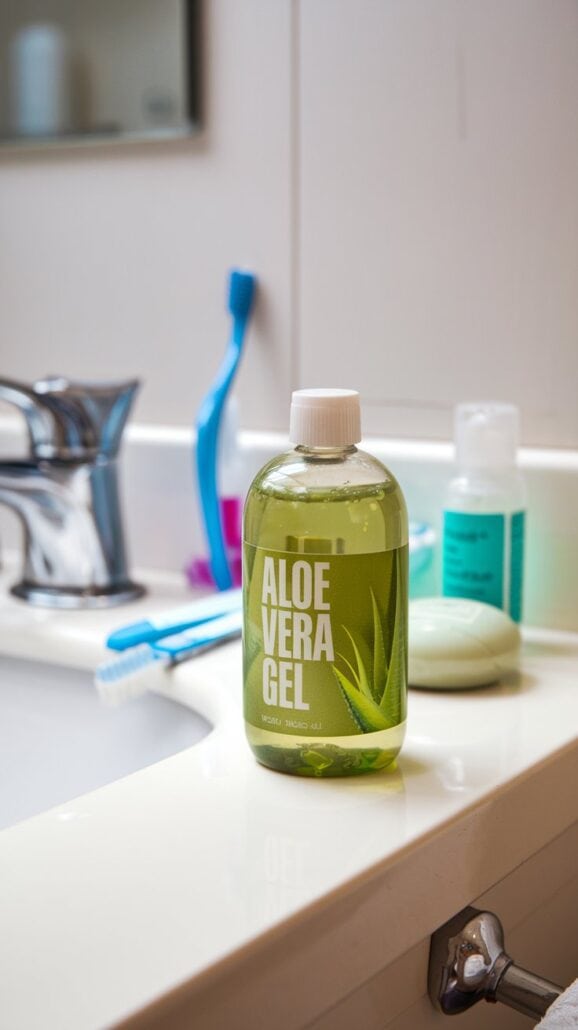 A bottle of aloe vera gel sits on a bathroom counter next to a faucet. In the background, two toothbrushes rest in a holder beside essential items like soap and another bottle. This cream-colored sink area looks ready for any Greek cruise packing list.