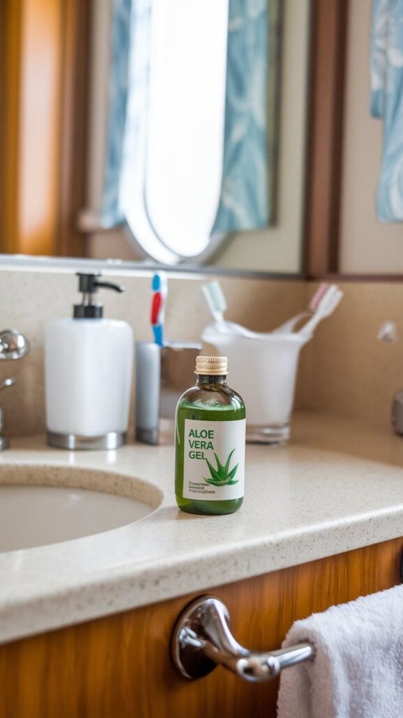 A bottle of essential aloe vera gel sits on a beige bathroom countertop beside a sink. A soap dispenser, toothbrush holder, and mirror complete the serene setting with wooden accents, perfect for those relaxing days unwinding after your Bahamas cruise.