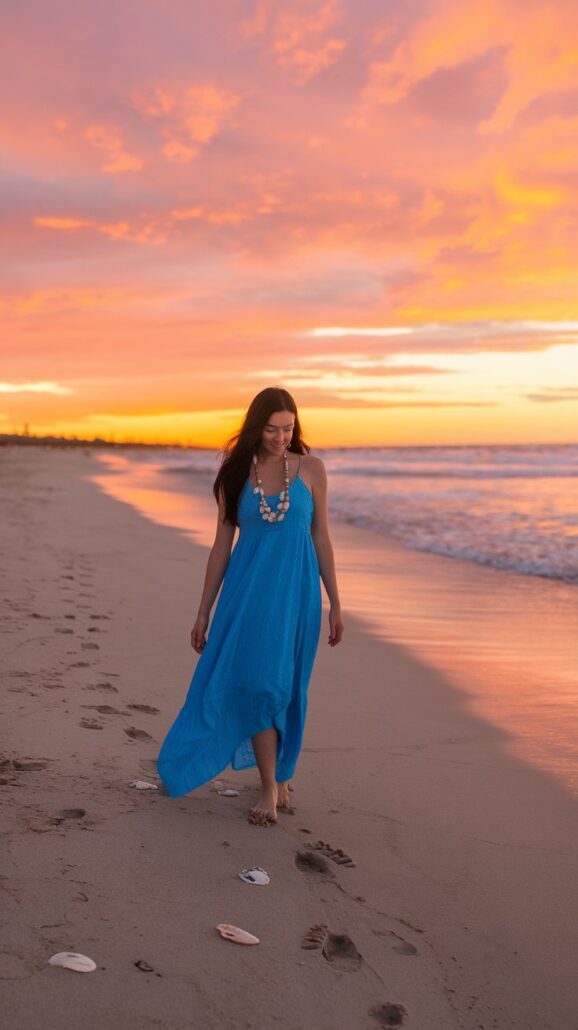 A woman in a blue dress, reminiscent of Disney Cruise outfits, strolls barefoot on the beach at sunset. The sky glows with magical orange and pink hues, and the ocean is calm. Adorned with a large necklace, she leaves gentle footprints in the sand.