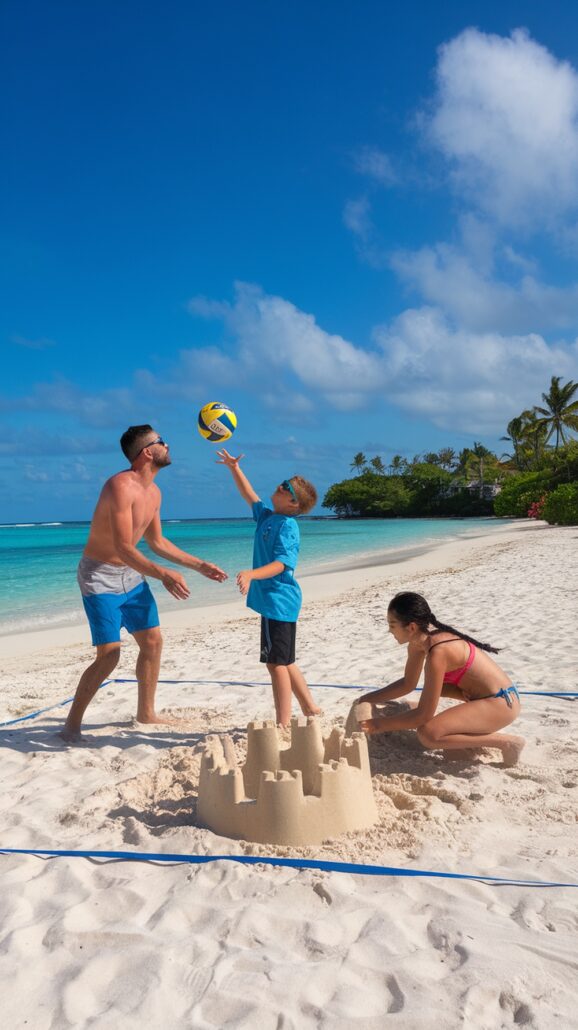 A man and a child in swimwear play with a volleyball on a sandy beach, while a woman in a bikini builds a sandcastle. The ocean sparkles in the background under a clear blue sky, creating unforgettable family adventures, perfect for any Caribbean cruise.