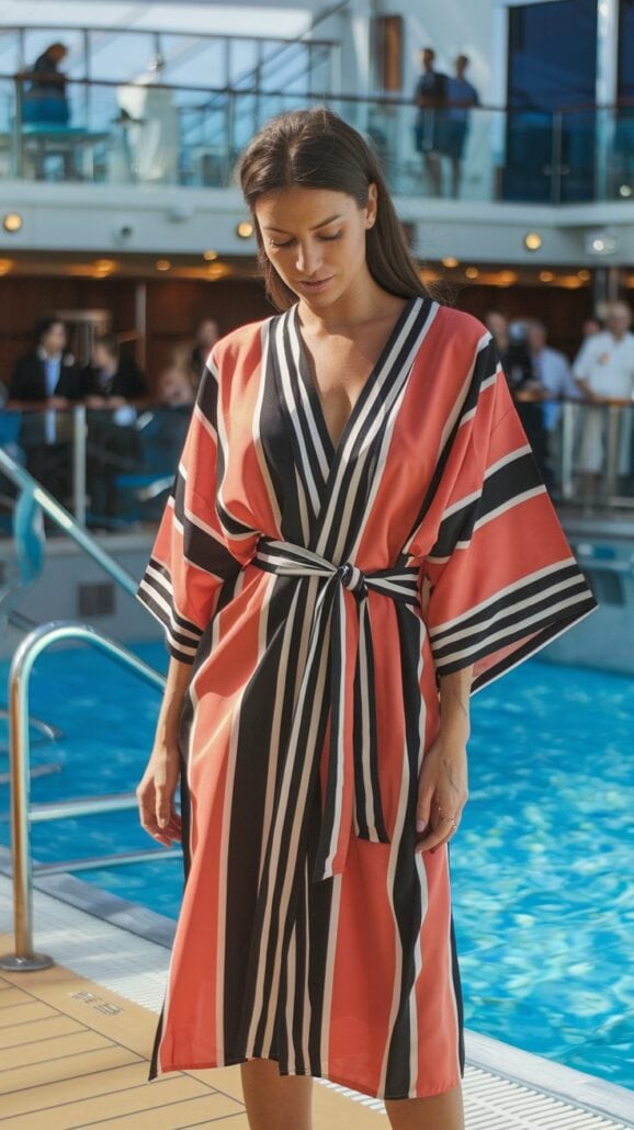A woman stands by a pool on a cruise ship, sporting a striped kimono-style dress with a tied waist. Showcasing Cruise Fashion at its best, the dress features black, white, and coral stripes. In the background of this March Cruise Adventure, people sit and stroll leisurely.