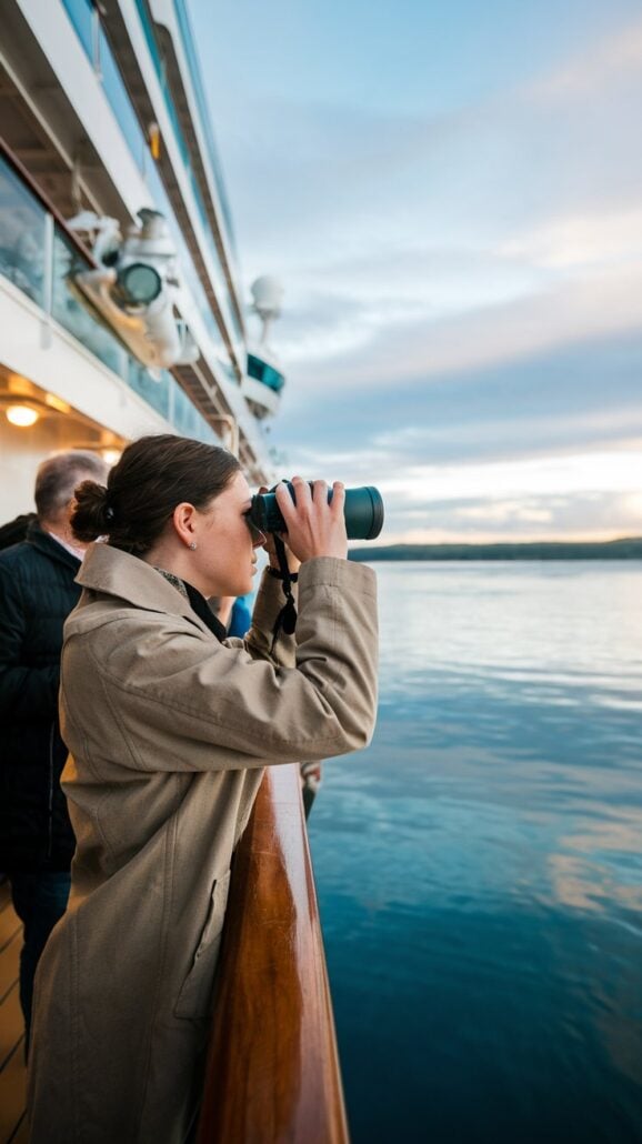 A person in a beige coat gazes through binoculars over the railing of a Canada cruise ship. The calm water reflects the soft evening sky, as another individual is partially visible nearby. Lifeboats and windows adorn the ship, offering serene travel moments.