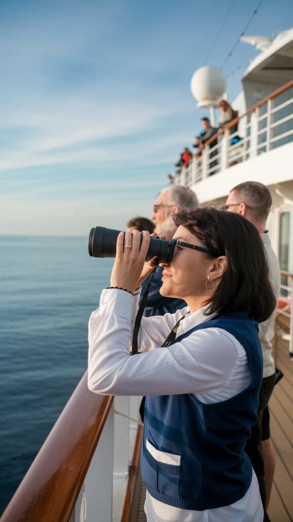 A woman on a ship's deck uses binoculars to look out over the ocean during a European River Cruise. She wears a blue vest and white shirt. Others stand nearby, savoring the view. The sky is clear, with a few clouds scattered—one of her essential items: those trusty binoculars.