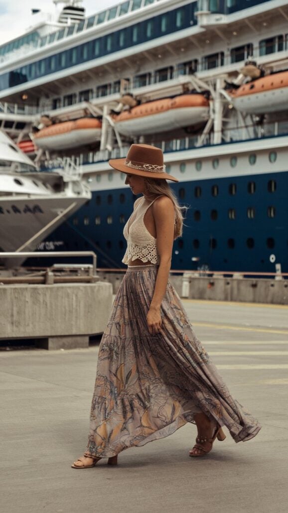 A woman in a stylish outfit, complete with a wide-brimmed hat, crocheted top, and floral maxi skirt, gracefully strolls along the concrete pier. In the background, a magnificent cruise ship is docked, complementing the scene with its grandeur.