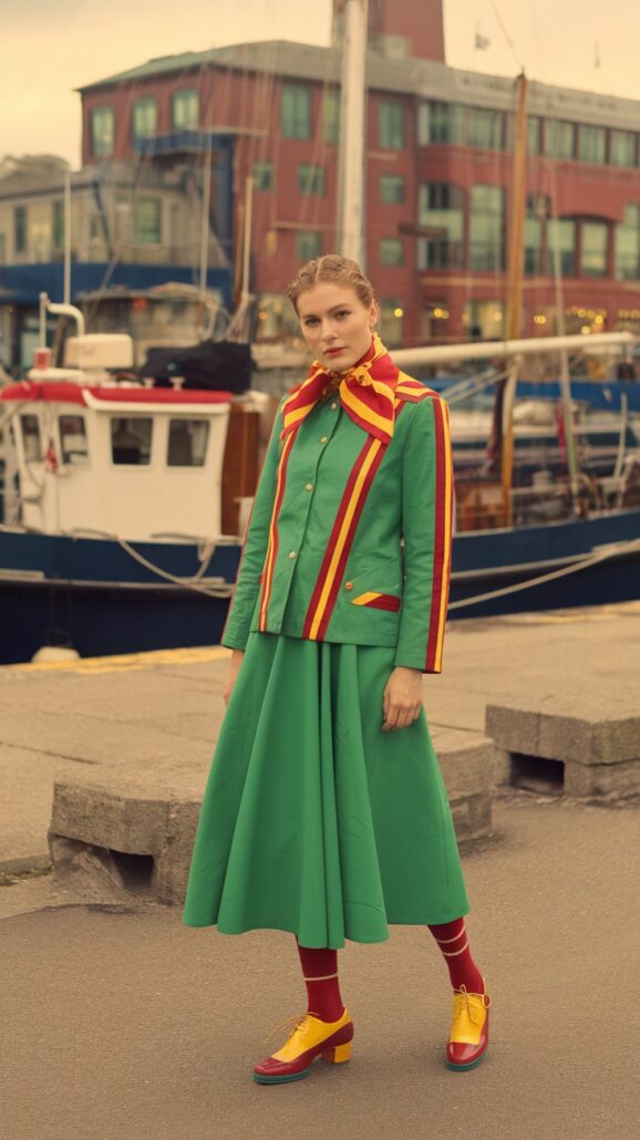 A person stands on a dock in front of boats, ready for a New England cruise adventure in a green outfit with a matching skirt and jacket. They accessorize with a striped scarf and red socks paired with yellow shoes, set against the backdrop of a red and blue building.