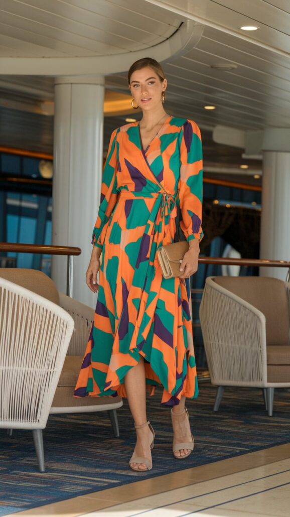 A stylish woman stands on a cruise ship deck, wearing a colorful wrap dress with a geometric pattern in orange, blue, and green. She holds a beige clutch and sports nude heels. The background features cushioned chairs and white railings, enhancing the chic atmosphere.