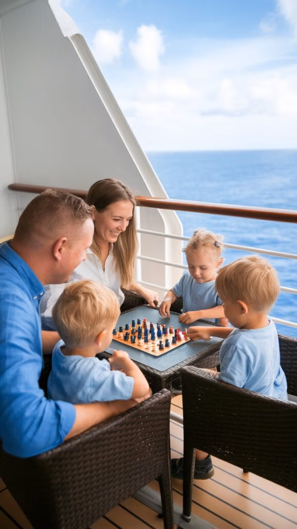A family of five enjoys playing chess on the deck of a Caribbean cruise. Two adults and three young children gather around a small table, while the background showcases a clear blue sky and the sparkling ocean—a perfect setting for family-friendly adventure.