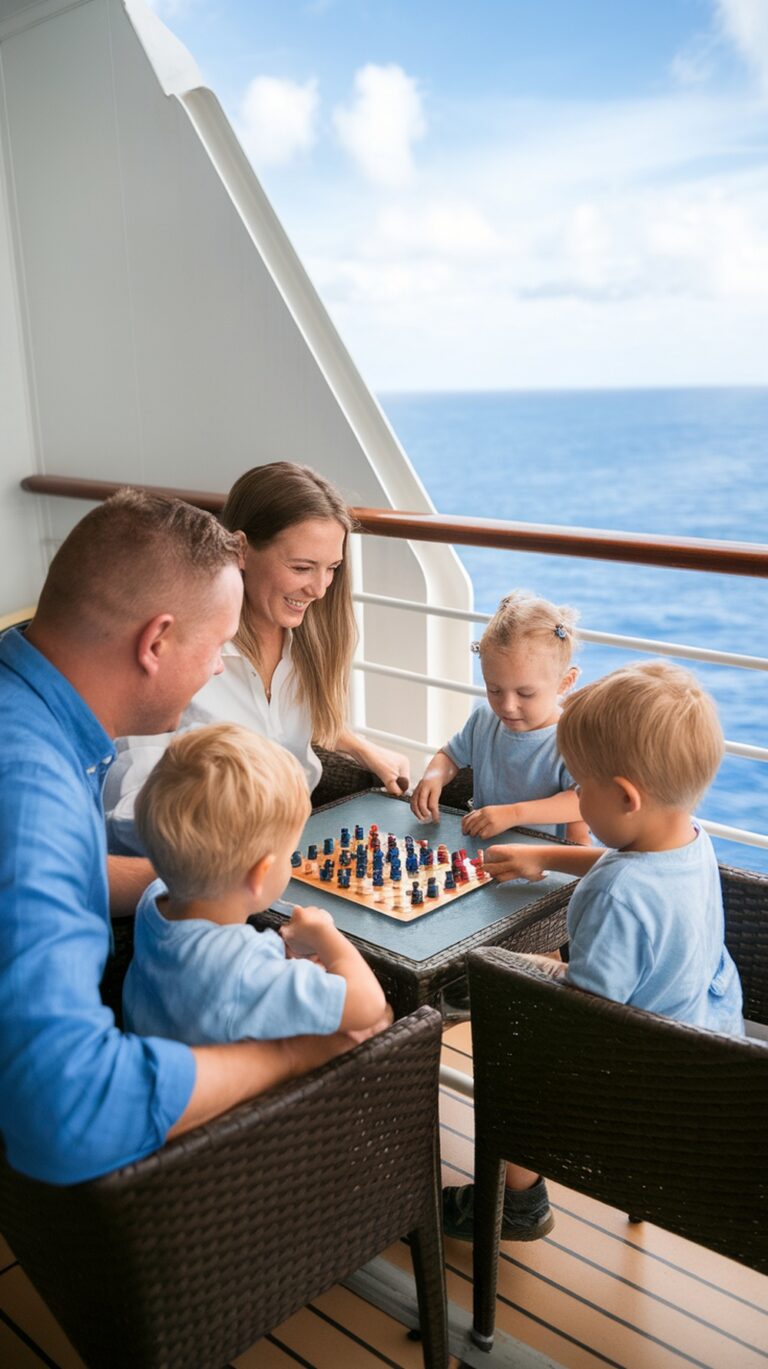A family of five enjoys playing chess on the deck of a Caribbean cruise. Two adults and three young children gather around a small table, while the background showcases a clear blue sky and the sparkling ocean—a perfect setting for family-friendly adventure.