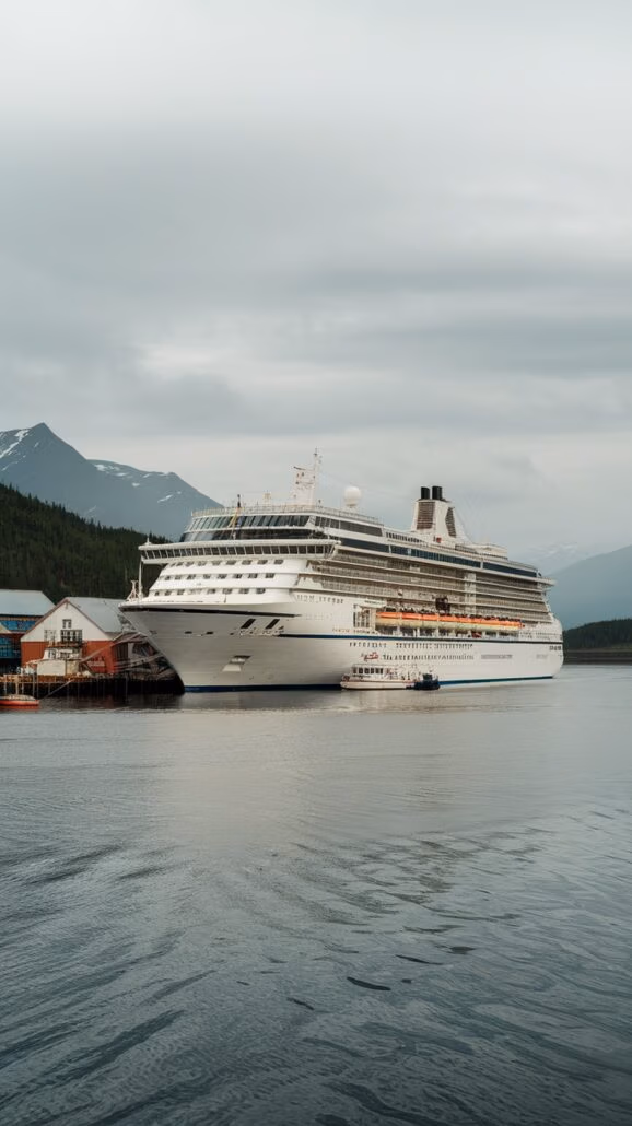 A large white Norwegian Cruise ship docked at a pier on a cloudy day. The ship is adjacent to rustic buildings and surrounded by calm water, with Alaska's forested mountains visible in the background. A small boat is positioned near the ship's side.