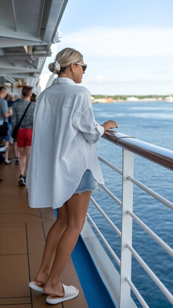 A person in a white shirt and denim shorts enjoys a March cruise, gazing out at the ocean. With sunglasses and sandals, they embody stylish outfits as they lean on the railing. Other passengers add to the adventure vibe in the background.
