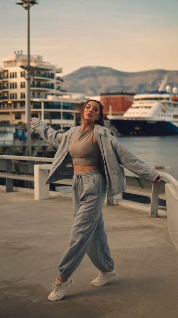 A person in a stylish light grey outfit, consisting of a jacket and pants, poses with arms extended at a waterfront. A large ship and buildings are visible in the background, set against mountains under a cloudy sky. It's the perfect scene for an adventurous March cruise.