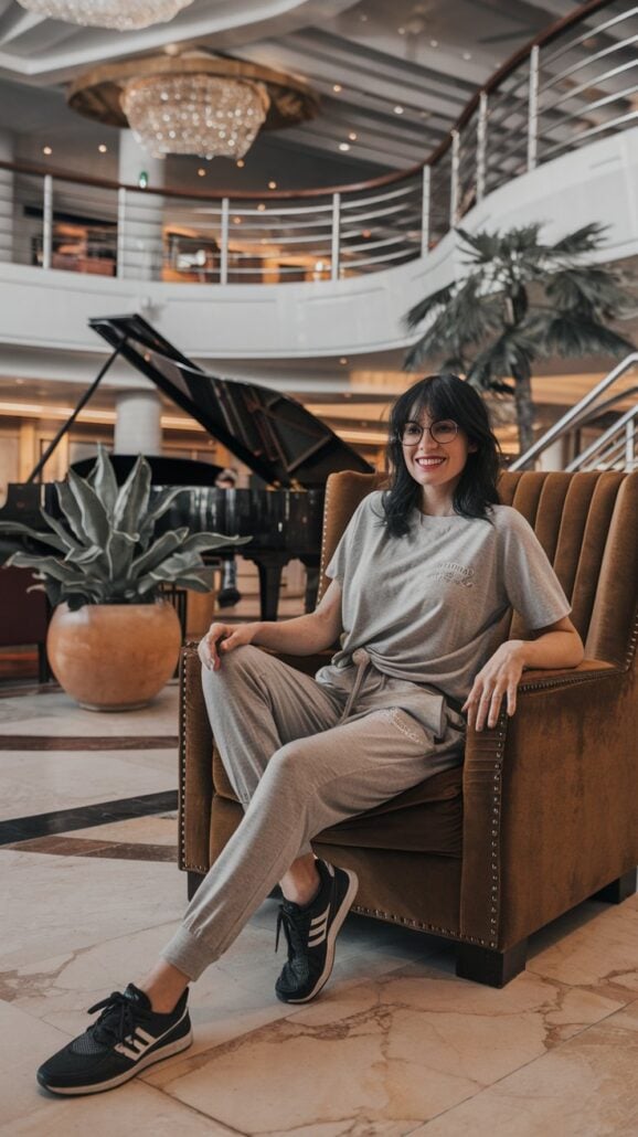 A person with long hair and glasses sits smiling on a brown armchair in an elegant cruise lobby. They are wearing a grey outfit and black sneakers. Behind them are a piano, plants, and a curved staircase with a chandelier above—perfect ambiance for finalizing their ultimate cruise packing list.