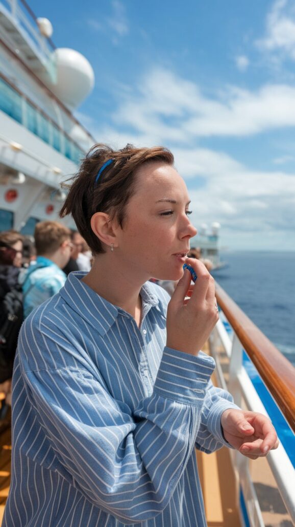 A person is applying lip balm, an essential item from their free cruise packing list, while standing on the deck of a cruise ship. They are wearing a blue and white striped shirt and have short hair. The ocean and other passengers are visible in the background.