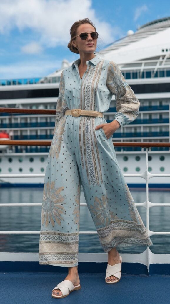A person in stylish outfits poses with flair on a March cruise ship deck, wearing sunglasses and a patterned blue jumpsuit cinched with a belt and white sandals. Behind them, the sea and ship's exterior set the scene for this delightful cruise adventure.