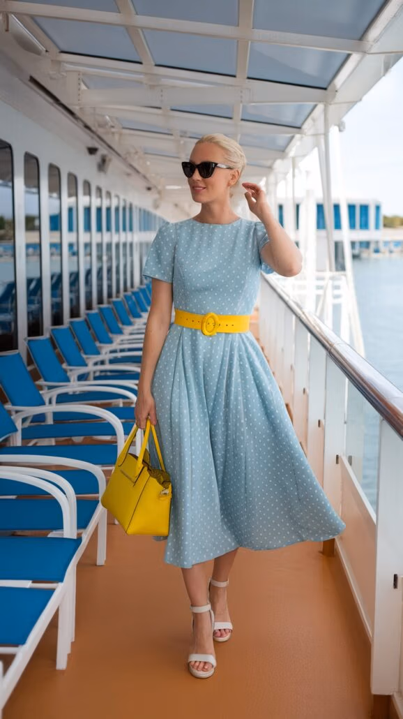 A woman in a light blue polka dot dress with a yellow belt strolls on the ship's deck, showcasing stylish cruise clothing. She carries a yellow handbag and wears sunglasses. The deck is lined with blue chairs, while the serene water provides a picturesque backdrop.