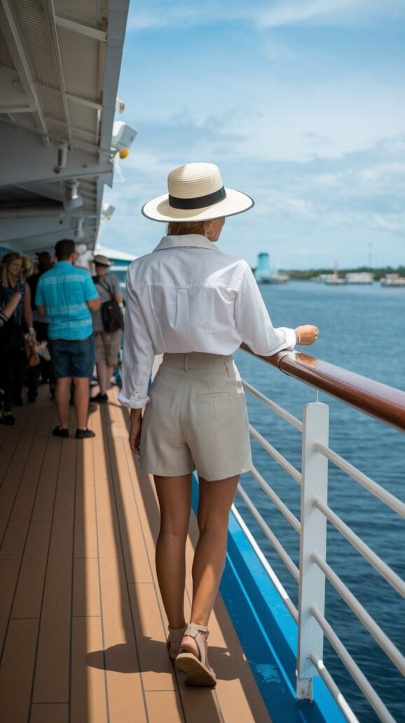 A person in a white shirt, beige shorts, and a straw hat stands stylishly on the cruise ship's deck, leaning on the railing and gazing at the water. In the background, women in chic outfits enjoy their time under the partly cloudy sky.