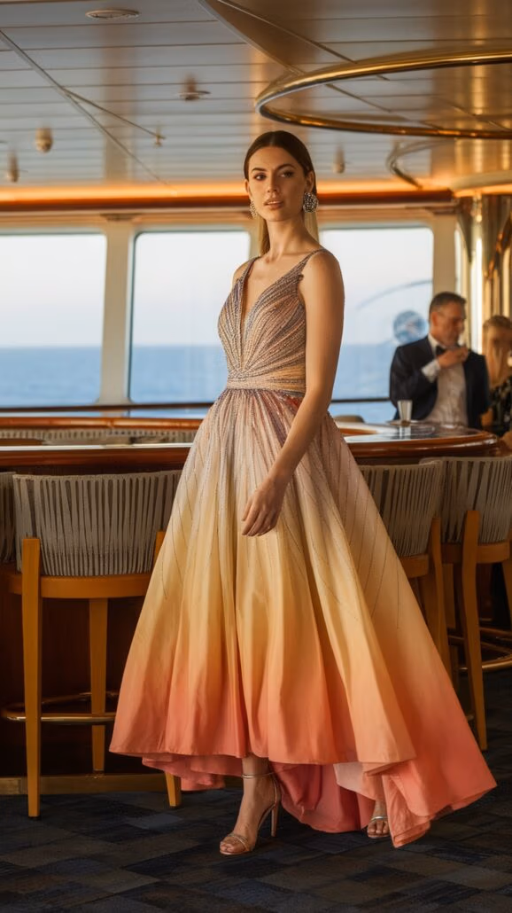 A woman in a stylish, gradient evening gown stands by a bar area on a ship, perfect for any New England Adventure. Her dress features hues of peach and pink, with a fitted bodice and flared skirt. She wears high heels and statement earrings, set against large windows and seated guests.