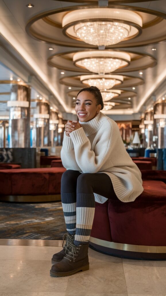 A person in a cream sweater, gray leggings, and striped socks sits smiling on a red cushioned bench. They're in a luxurious room with chandeliers, mirrors, and round columns, perhaps dreaming of witnessing the Northern Lights during an enchanting cruise.