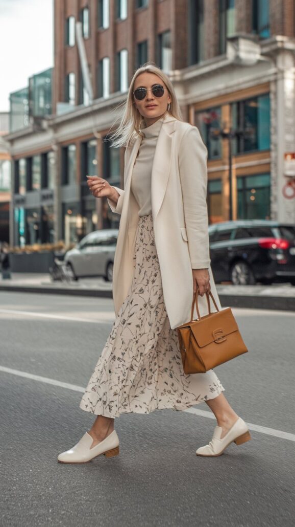 A woman on an urban adventure struts across the city street in sunglasses, a white coat, floral skirt, and white shoes. With her brown handbag carrying essential items, she exudes confidence amid the backdrop of buildings and parked cars.