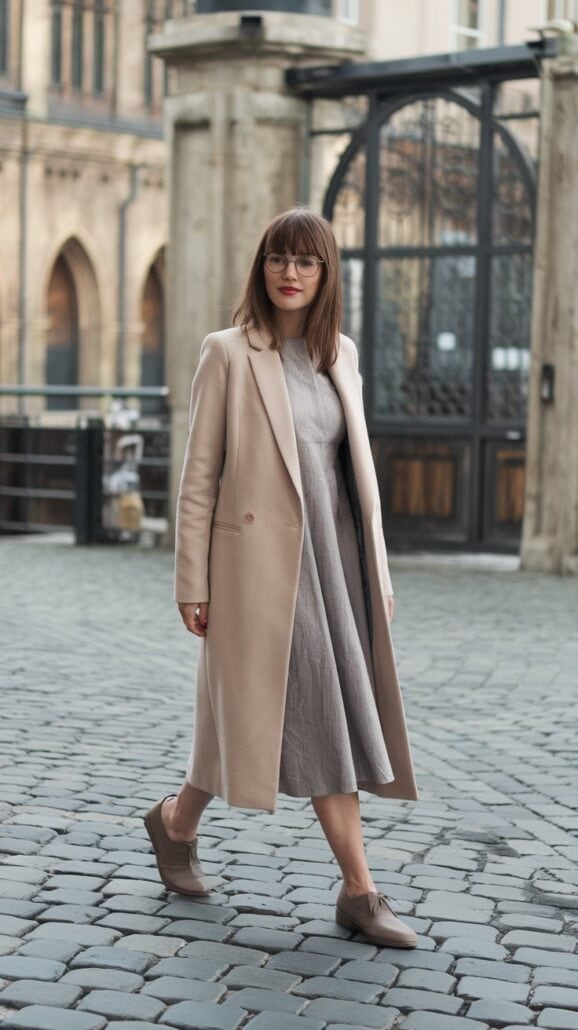A person strolls down a cobblestone street, clad in a long beige coat over a gray dress with matching shoes. Behind them, an ornate metal gate and historic building with arched windows evoke the charm of an evening European river cruise.
