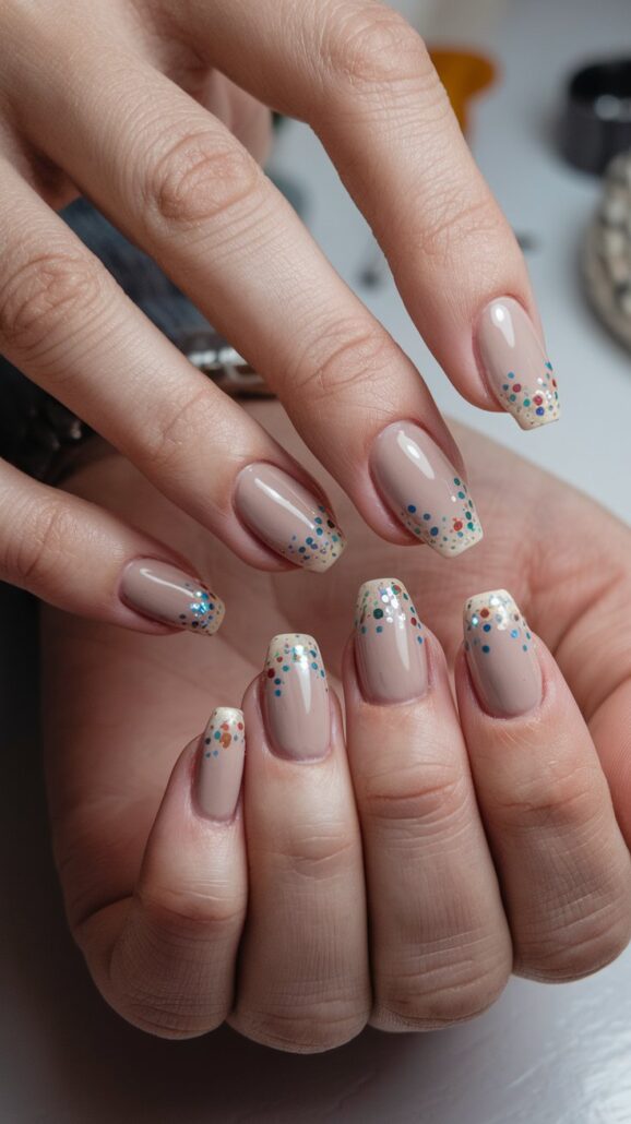 A hand showcases neatly manicured nails, the epitome of stylish ideas for cruise nails, painted in light beige with colorful dots gracing the tips. The nails are almond-shaped, and the fingers are gracefully positioned.