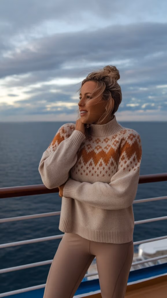 A person stands on a cruise ship's deck, clad in a stylish patterned sweater and beige pants. Gazing out at the sea, they embrace the spirit of adventure under the cloudy sky.