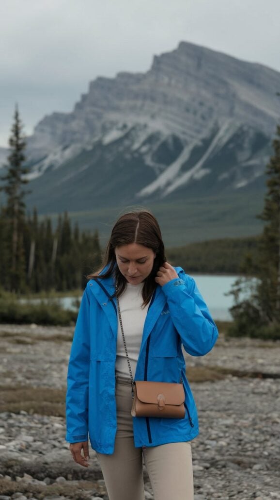 Amidst a rocky terrain with a majestic mountain backdrop, someone in a blue jacket and beige pants adjusts their hair beneath the cloudy sky. A tan crossbody bag at their side hints at packing tips from a woman's guide, essential for exploring Canada’s pine-clad vistas.